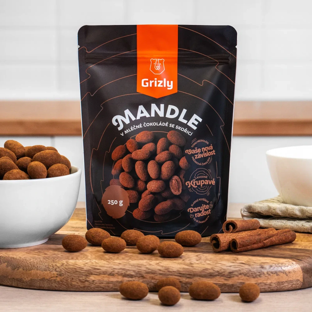 Mandle v mléčné čokoládě se skořicí, 250 g